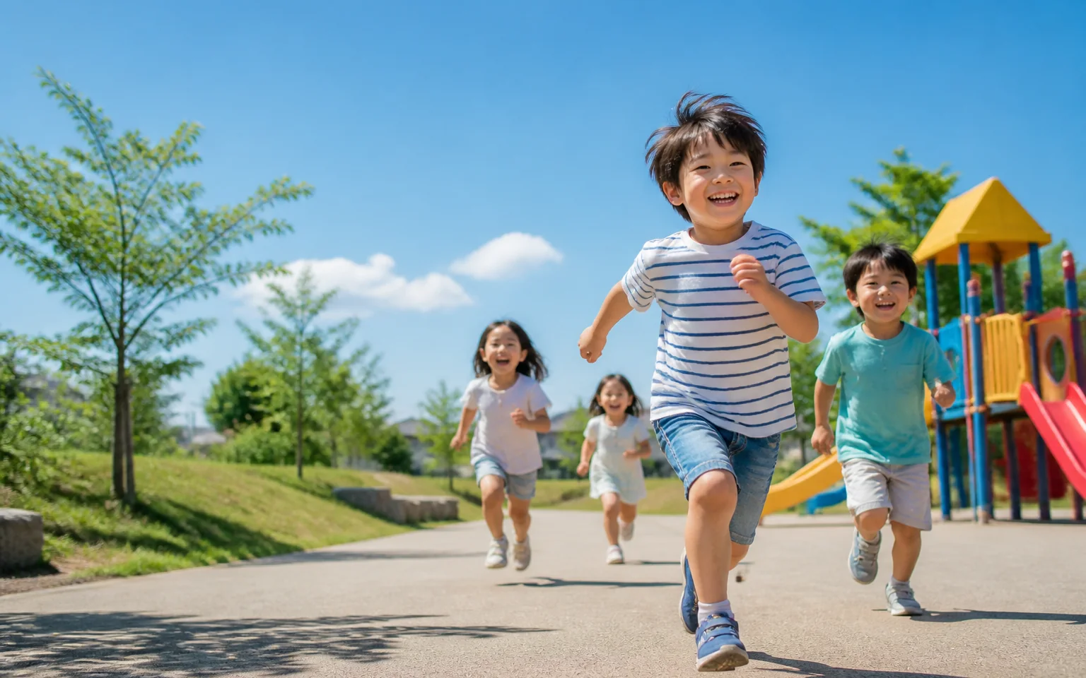 青空の下、公園を元気に走る子どもたち